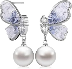 1 Pair Pearl Earring - Women Crystal Butterfly Dangle, Elegant Pearl Drop Earring, Stylish Butterfly Jewelry Charm for Bitthday, Mothers Day