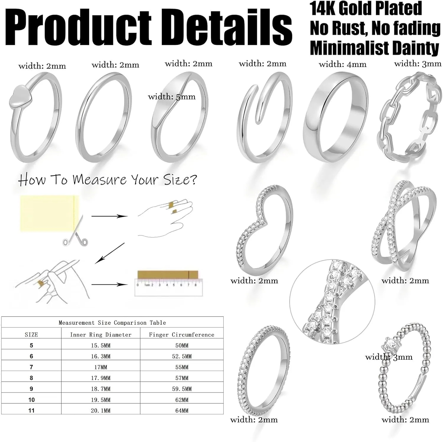 10 PCS Dainty 14K Gold Rings for Women, Open Twist Simulated Diamond Criss Cross Designs, Perfect for Stacking Layering on Thumb and Knuckle Engagement Rings in Sizes 6-10