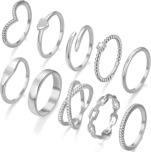 10 PCS Dainty 14K Gold Rings for Women, Open Twist Simulated Diamond Criss Cross Designs, Perfect for Stacking Layering on Thumb and Knuckle Engagement Rings in Sizes 6-10