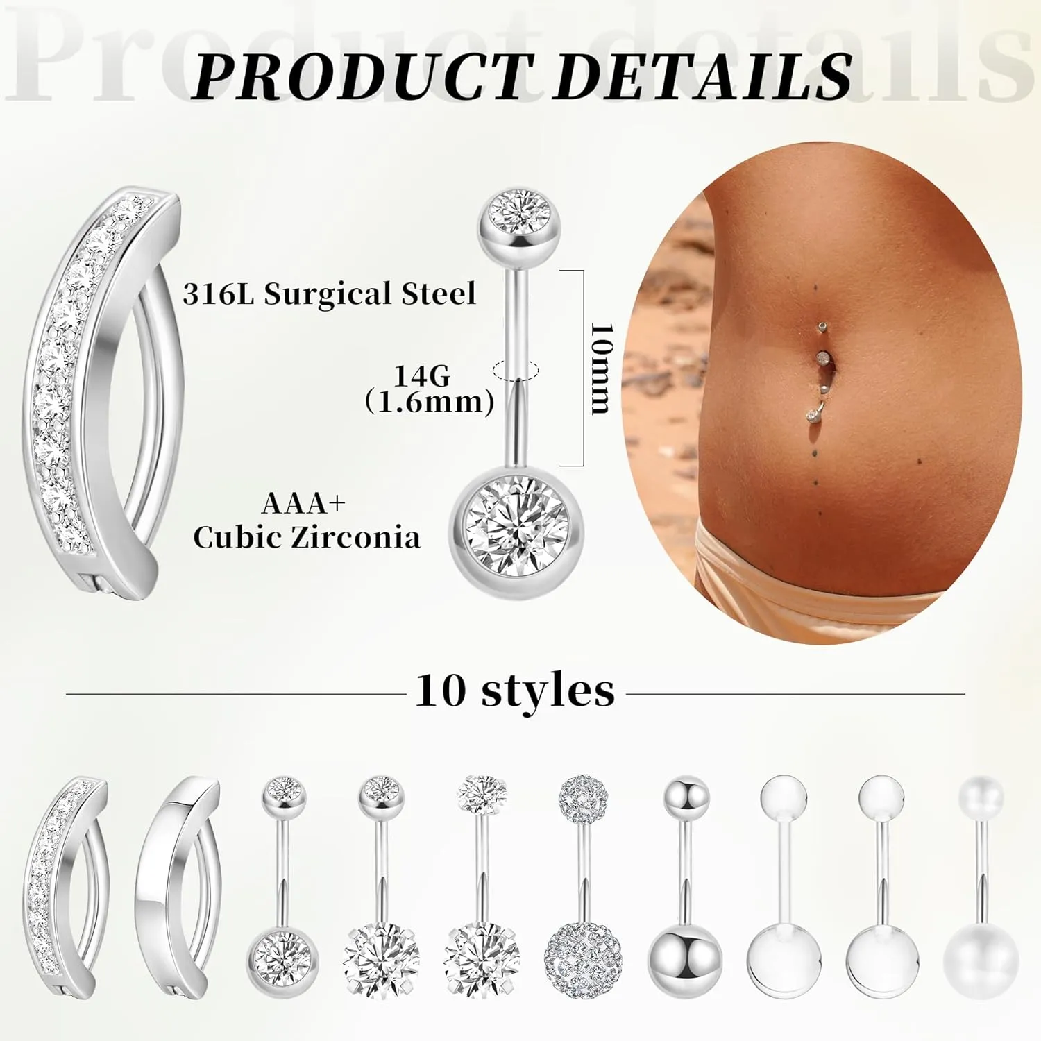 10Pcs 14G Stainless Steel Belly Button Rings for Women Reverse Curved Clicker Navel Rings Cubic Zirconia Belly Piercing Jewelry Set