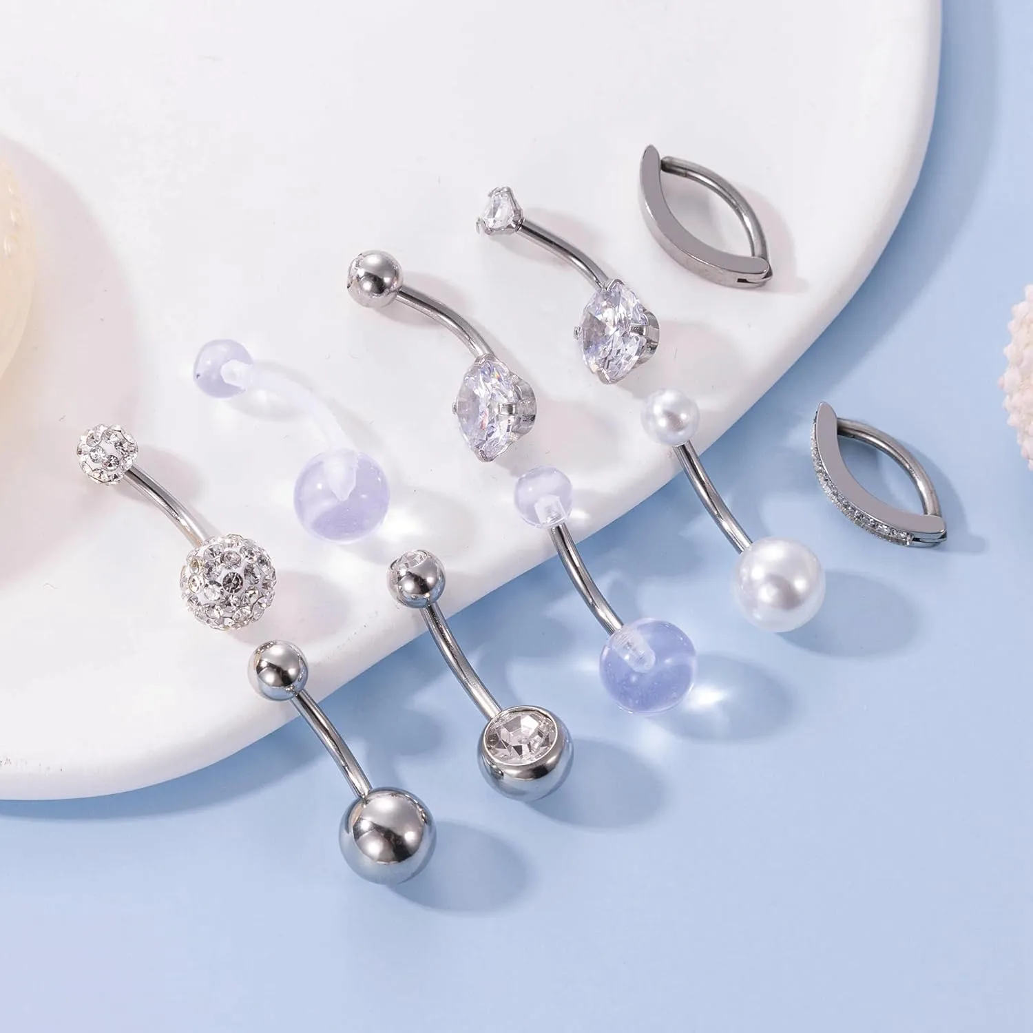 10Pcs 14G Stainless Steel Belly Button Rings for Women Reverse Curved Clicker Navel Rings Cubic Zirconia Belly Piercing Jewelry Set