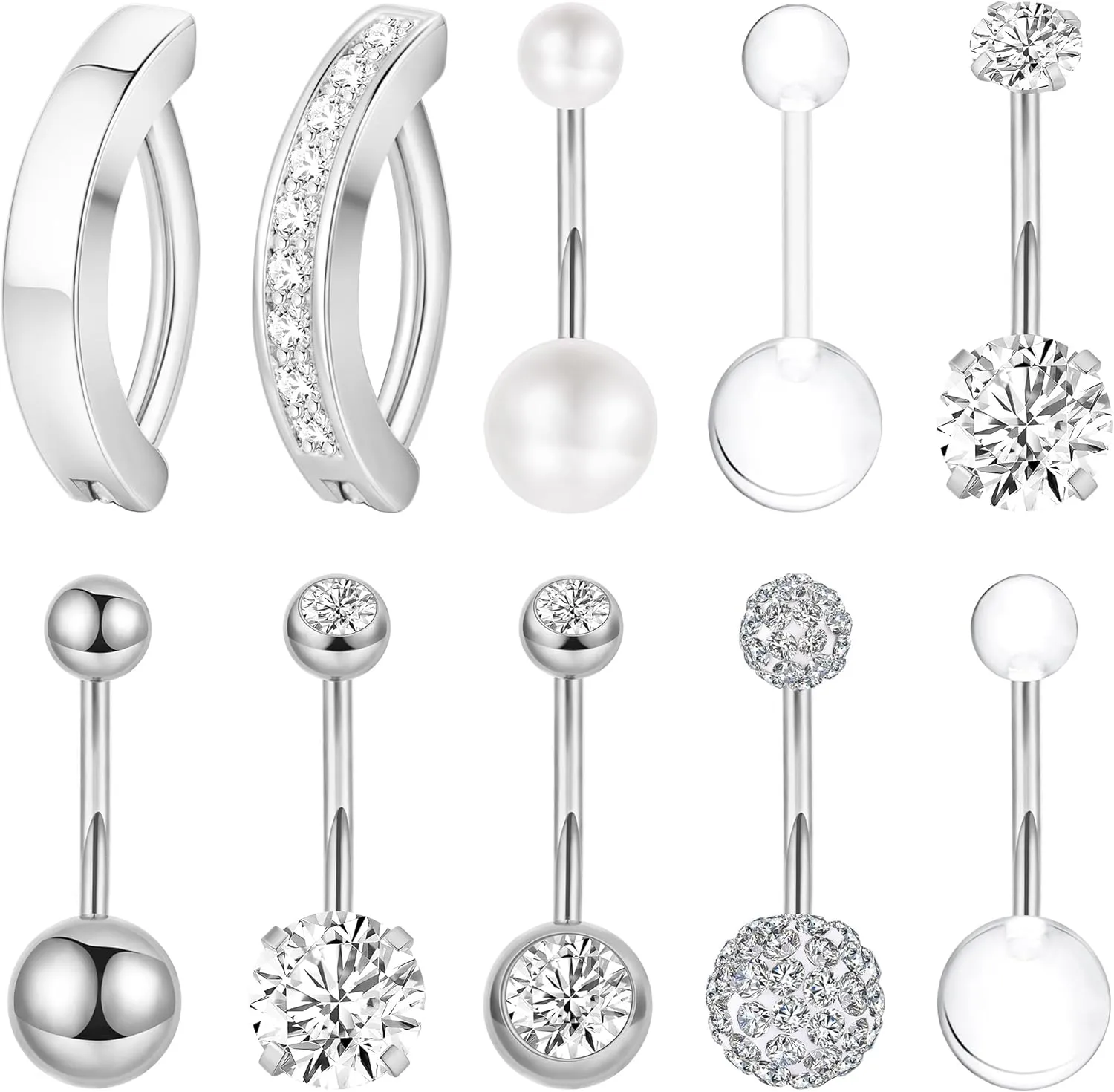 10Pcs 14G Stainless Steel Belly Button Rings for Women Reverse Curved Clicker Navel Rings Cubic Zirconia Belly Piercing Jewelry Set