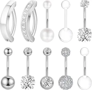 10Pcs 14G Stainless Steel Belly Button Rings for Women Reverse Curved Clicker Navel Rings Cubic Zirconia Belly Piercing Jewelry Set