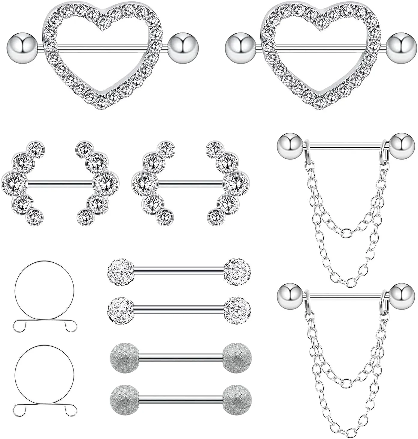 12PCS Heart Nipple Rings Rhinestone Surgical Steel Nipple Ring Shield Shape Sexy Nipple Piercing Jewelry Barbell Hoops Chain Stainless Steel Sexy Body Jewelry For Women Men 14G