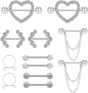 12PCS Heart Nipple Rings Rhinestone Surgical Steel Nipple Ring Shield Shape Sexy Nipple Piercing Jewelry Barbell Hoops Chain Stainless Steel Sexy Body Jewelry For Women Men 14G