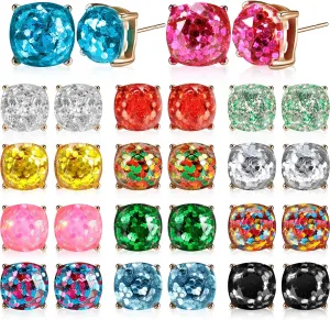 14 Pairs Valentines Day Faux Druzy Earrings Faceted Square Glitter Stud Pierced Earrings Stainless Steel Bohemian Druzy Stud Earrings Set for Women Present