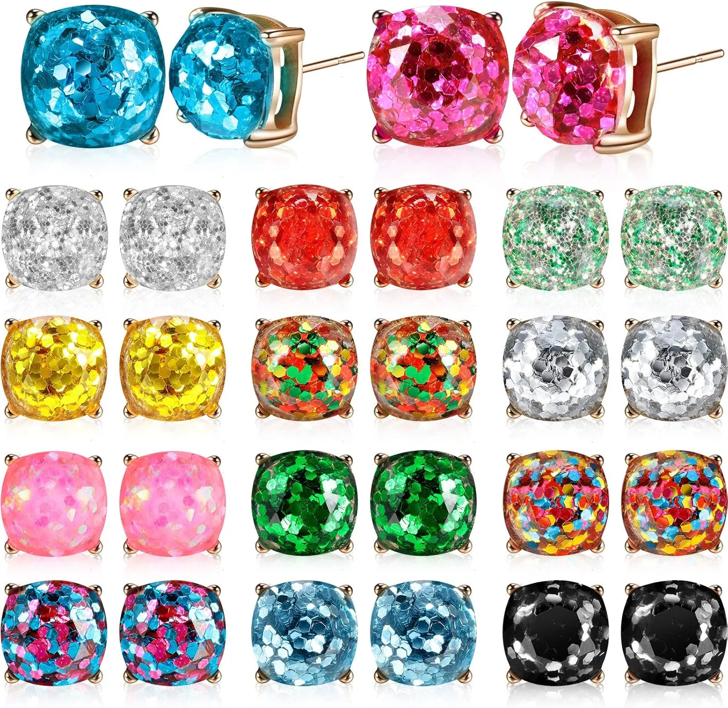14 Pairs Valentines Day Faux Druzy Earrings Faceted Square Glitter Stud Pierced Earrings Stainless Steel Bohemian Druzy Stud Earrings Set for Women Present