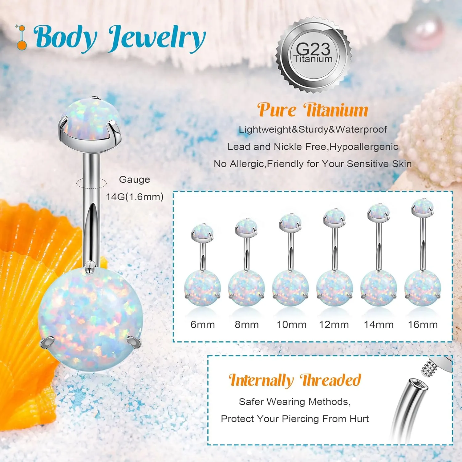 14G G23 Titanium Belly Button Rings for Women Opal Belly Rings Internal Threaded Curved Barbell Hypoallergenic Round Navel Piercing Jewelry 6-16MM