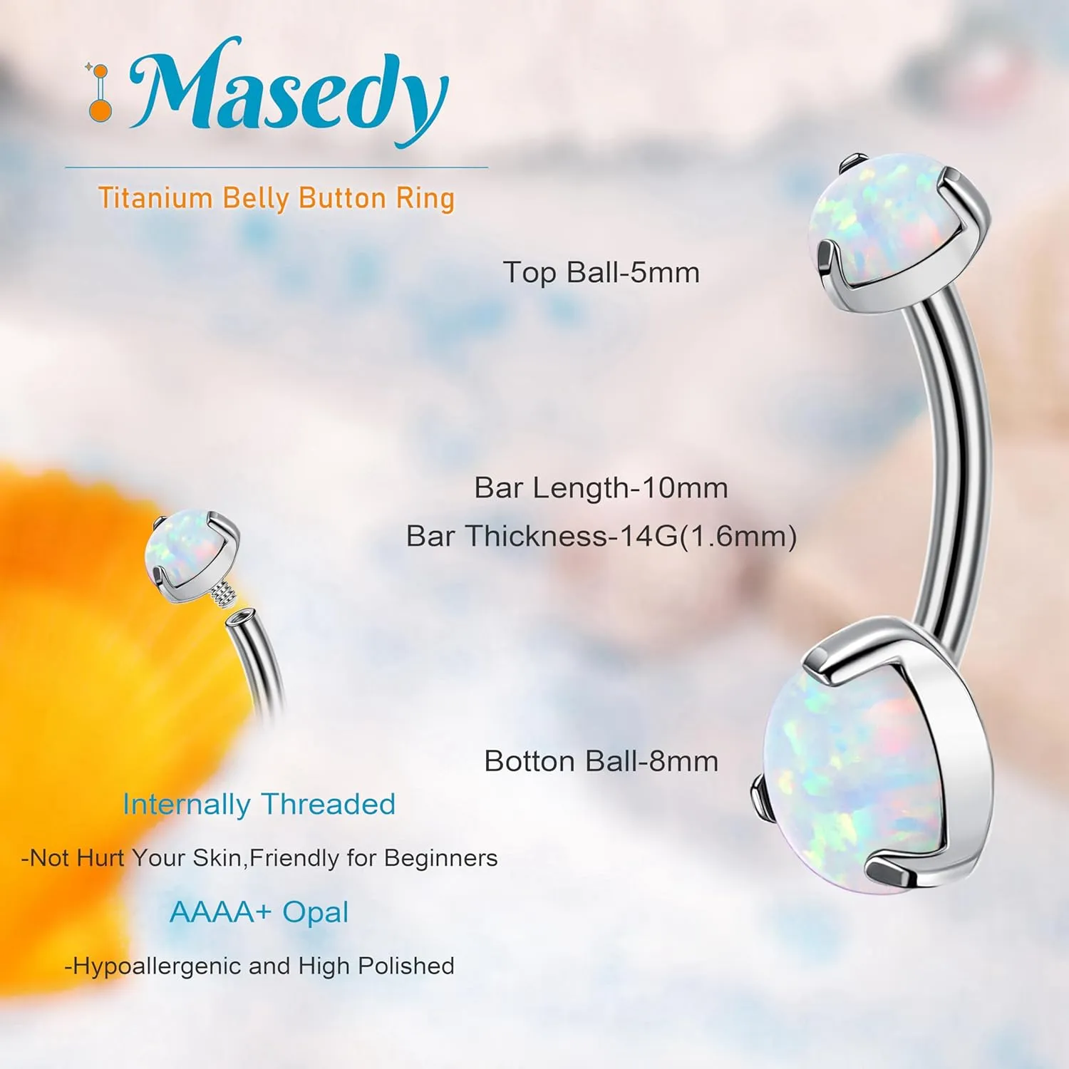 14G G23 Titanium Belly Button Rings for Women Opal Belly Rings Internal Threaded Curved Barbell Hypoallergenic Round Navel Piercing Jewelry 6-16MM