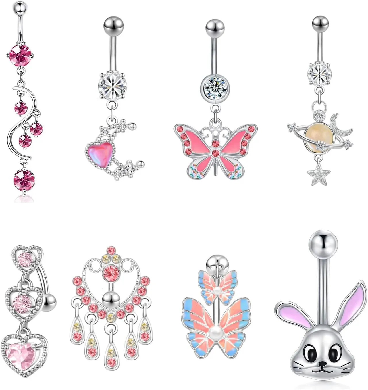 14G Stainless Steel Belly Button Rings Navel Rings CZ Curved Barbell Piercing Belly Rings for Women 8PCS