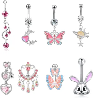 14G Stainless Steel Belly Button Rings Navel Rings CZ Curved Barbell Piercing Belly Rings for Women 8PCS
