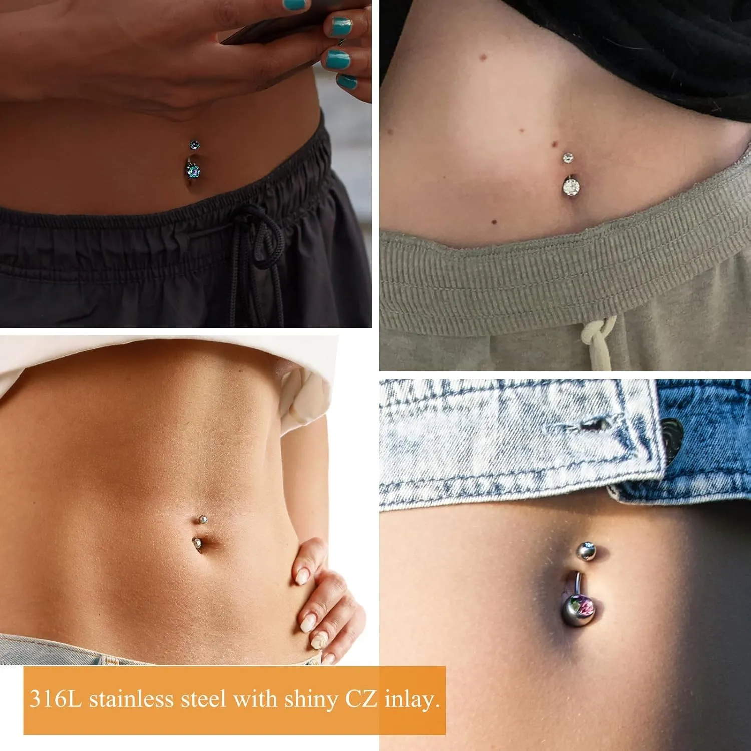 14G Stainless Steel Belly Button Rins, Heart CZ Belly Barbell Piercings, Cute Navel Piercing Jewelry For Women