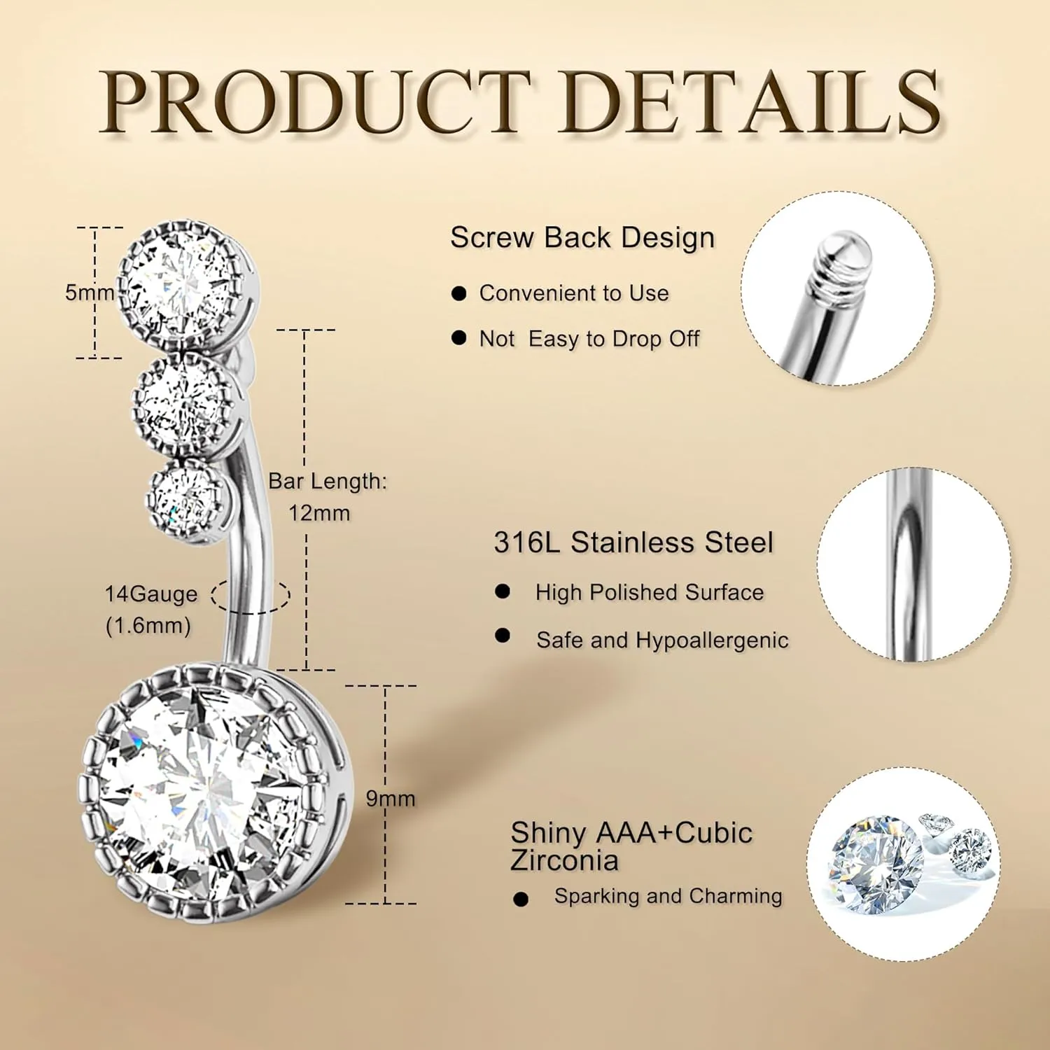 14G Stainless Steel Belly Button Rins, Heart CZ Belly Barbell Piercings, Cute Navel Piercing Jewelry For Women