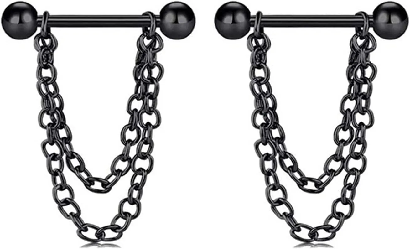 14G Stainless Steel Nipple Rings Balck Chain Straight Barbell Bars Tongue Ring 16mm(5/8Inch) Body Piercing Jewelry