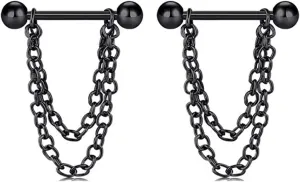 14G Stainless Steel Nipple Rings Balck Chain Straight Barbell Bars Tongue Ring 16mm(5/8Inch) Body Piercing Jewelry