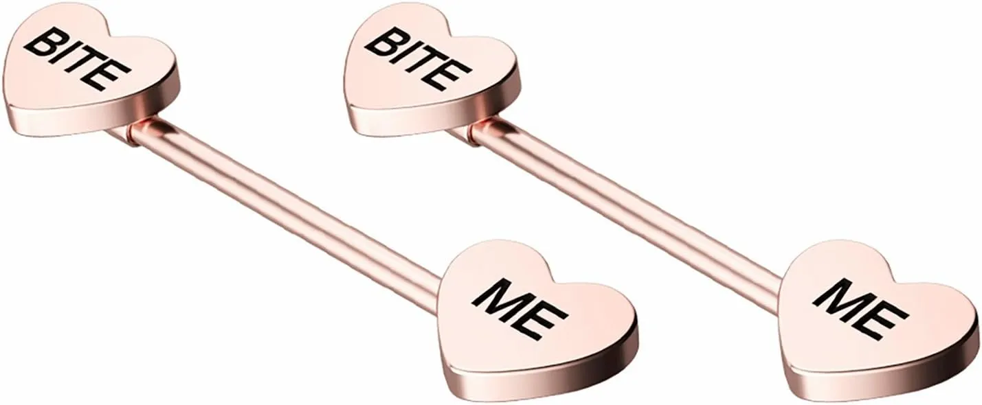 14G Stainless Steel Nipple Rings Bite Me Heart-shaped Letter Straight Barbell Bars Tongue Ring 16mm(5/8 Inch) Body Piercing Jewelry