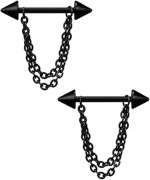 14G Stainless Steel Nipple Rings Black Chain Straight Barbell Bars Tongue Ring 14mm(9/16Inch) Body Piercing Jewelry Set