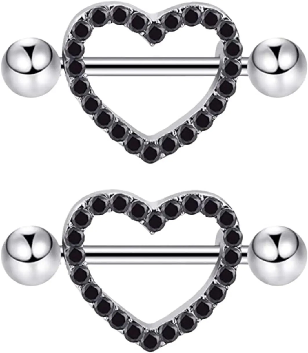 14G Stainless Steel Nipple Rings Black CZ Heart Straight Barbell Bars Tongue Ring 16mm(5/8Inch) Body Piercing Jewelry