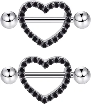 14G Stainless Steel Nipple Rings Black CZ Heart Straight Barbell Bars Tongue Ring 16mm(5/8Inch) Body Piercing Jewelry