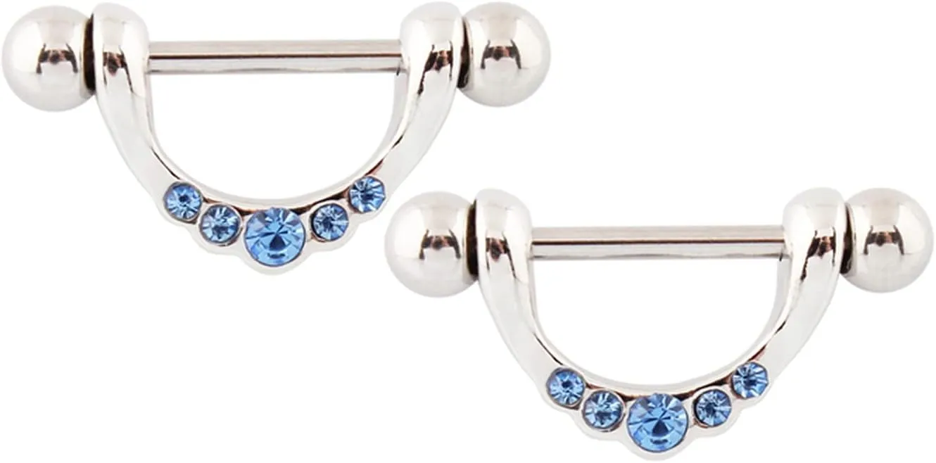 14G Stainless Steel Nipple Rings Blue CZ U-Shape Straight Barbell Bars Tongue Ring 16mm(5/8Inch) Body Piercing Jewelry