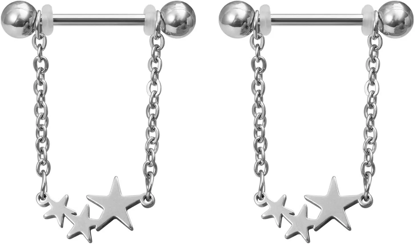 14G Stainless Steel Nipple Rings Chain Stars Straight Barbell Bars Tongue Ring 14mm(9/16Inch) Body Piercing Jewelry