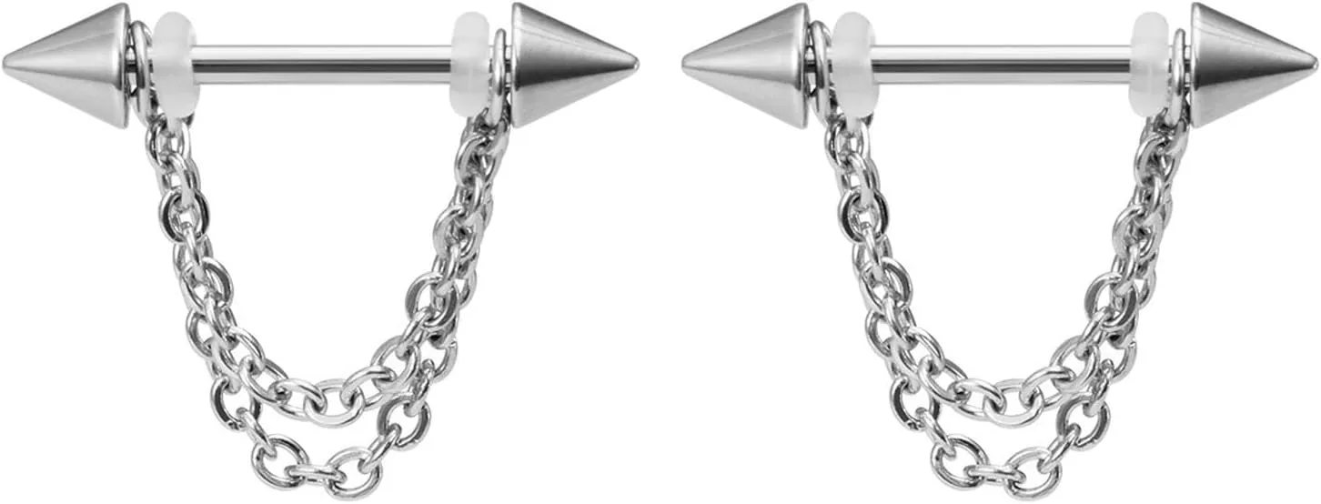 14G Stainless Steel Nipple Rings Chain Straight Barbell Bars Tongue Ring 14mm(9/16Inch) Body Piercing Jewelry