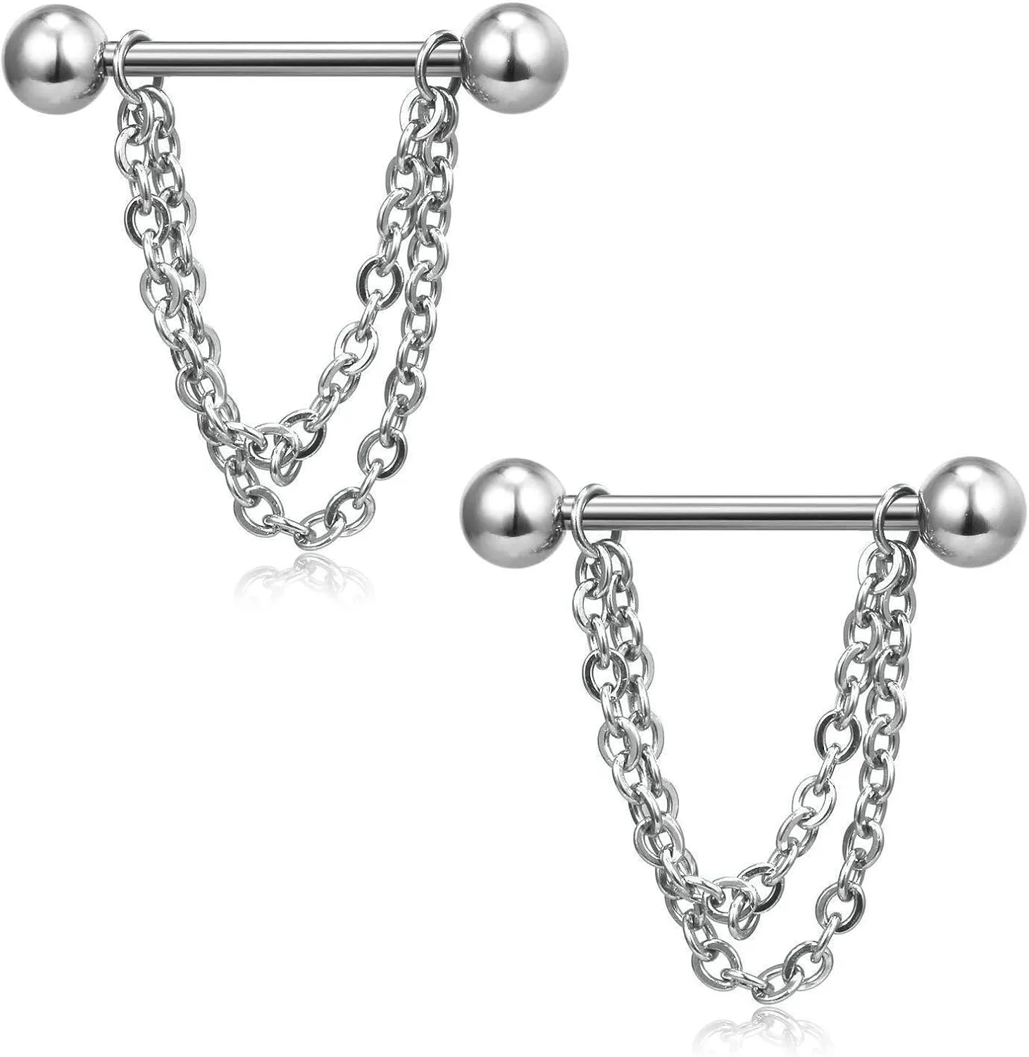 14G Stainless Steel Nipple Rings Chain Straight Barbell Bars Tongue Ring 16mm(5/8Inch) Body Piercing Jewelry