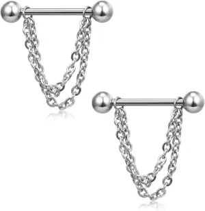 14G Stainless Steel Nipple Rings Chain Straight Barbell Bars Tongue Ring 16mm(5/8Inch) Body Piercing Jewelry