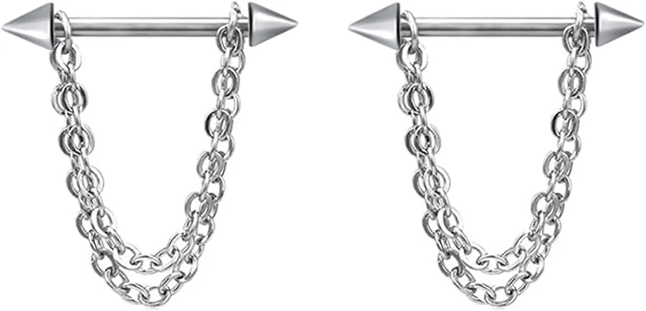 14G Stainless Steel Nipple Rings Chain Straight Barbell Bars Tongue Ring 16mm(5/8Inch) Body Piercing Jewelry