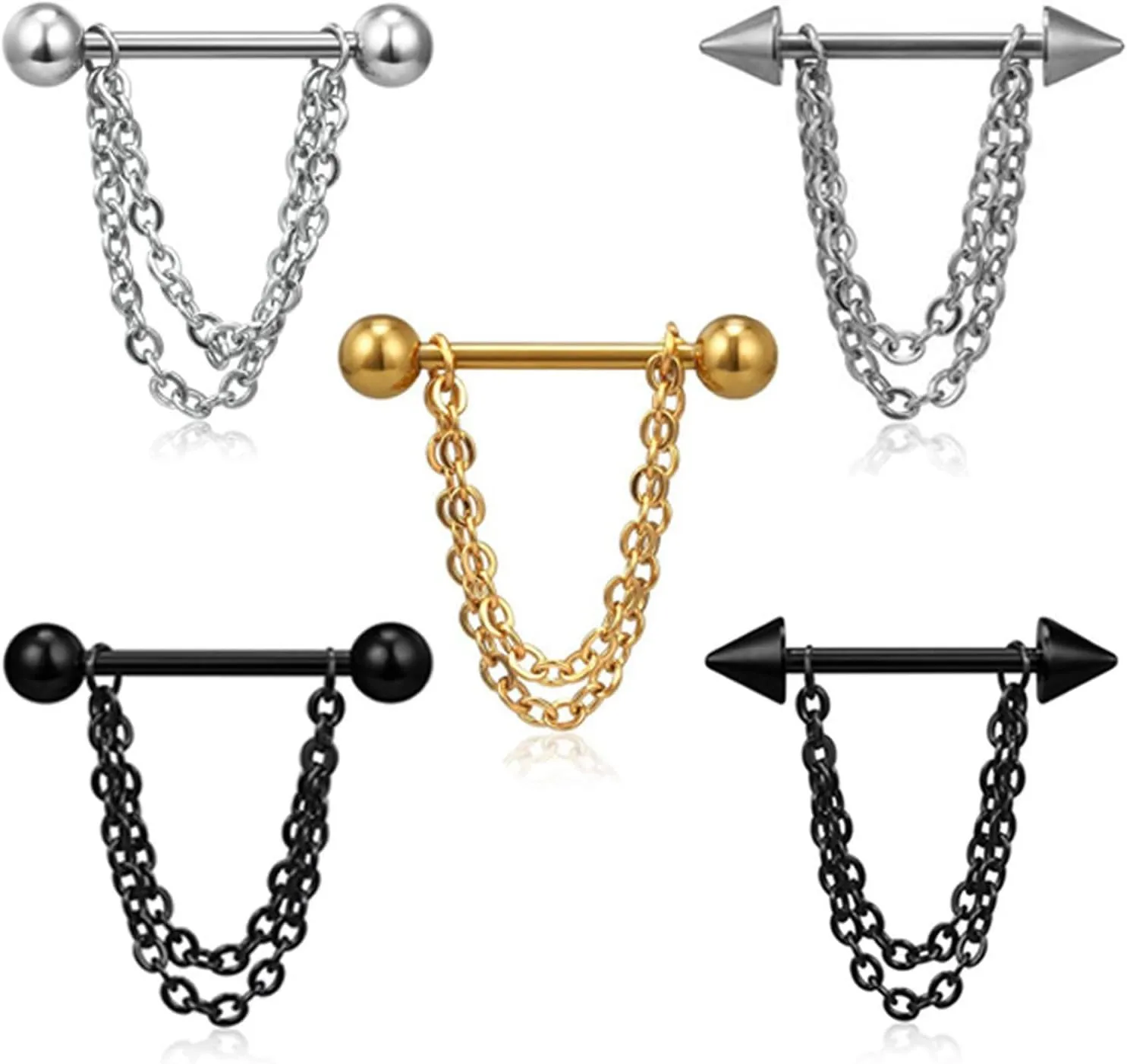 14G Stainless Steel Nipple Rings Chain Straight Barbell Bars Tongue Ring 16mm(5/8Inch) Body Piercing Jewelry