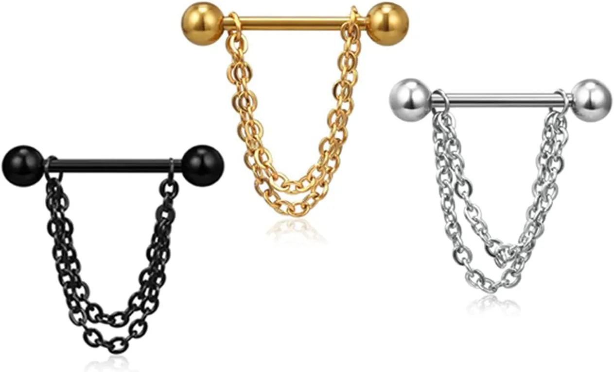 14G Stainless Steel Nipple Rings Chains Balls Straight Barbell Bars Tongue Ring 16mm(5/8Inch) Body Piercing Jewelry