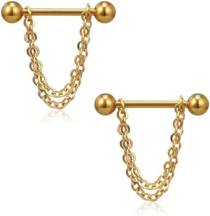 14G Stainless Steel Nipple Rings Chains Balls Straight Barbell Bars Tongue Ring 16mm(5/8Inch) Body Piercing Jewelry
