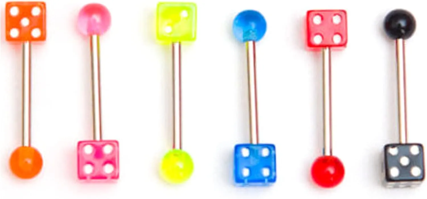 14G Stainless Steel Nipple Rings Colorful Bioplast Dice Straight Barbell Bars Tongue Ring 10mm(3/8 Inch) Body Piercing Jewelry