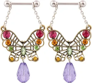 14G Stainless Steel Nipple Rings Colorful CZ Butterfly Straight Barbell Bars Tongue Ring 16mm(5/8Inch) Body Piercing Jewelry