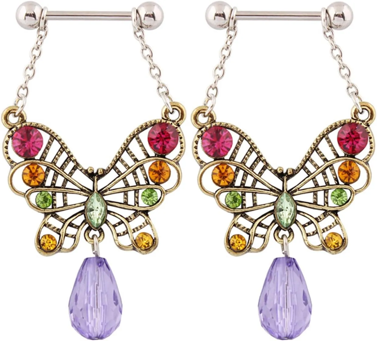 14G Stainless Steel Nipple Rings Colorful CZ Butterfly Straight Barbell Bars Tongue Ring 16mm(5/8Inch) Body Piercing Jewelry