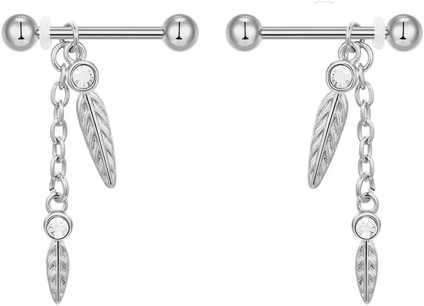 14G Stainless Steel Nipple Rings CZ Chain Leaf Straight Barbell Bars Tongue Ring 16mm(5/8Inch) Body Piercing Jewelry