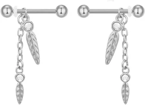 14G Stainless Steel Nipple Rings CZ Chain Leaf Straight Barbell Bars Tongue Ring 16mm(5/8Inch) Body Piercing Jewelry