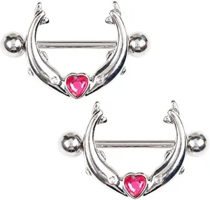 14G Stainless Steel Nipple Rings CZ Dolphin Straight Barbell Bars Tongue Ring 16mm(5/8Inch) Body Piercing Jewelry