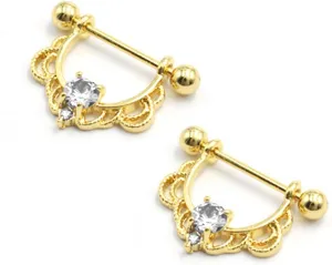 14G Stainless Steel Nipple Rings CZ Gold Flower Straight Barbell Bars Tongue Ring 16mm(5/8Inch) Body Piercing Jewelry