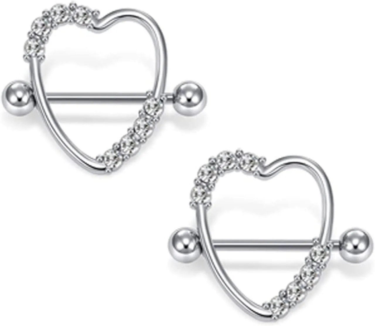 14G Stainless Steel Nipple Rings CZ Heart Straight Barbell Bars Tongue Ring 16mm(5/8Inch) Body Piercing Jewelry