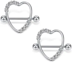 14G Stainless Steel Nipple Rings CZ Heart Straight Barbell Bars Tongue Ring 16mm(5/8Inch) Body Piercing Jewelry