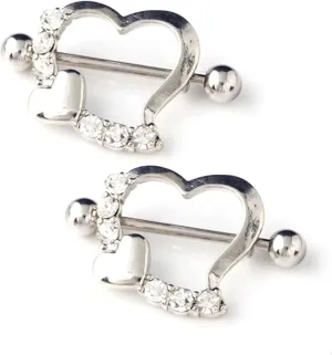 14G Stainless Steel Nipple Rings CZ Hearts Straight Barbell Bars Tongue Ring 16mm(5/8Inch) Body Piercing Jewelry