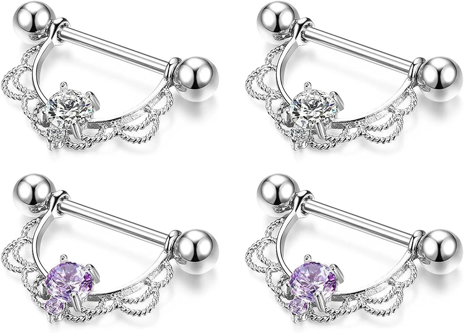14G Stainless Steel Nipple Rings CZ Opal U Flower Straight Barbell Bars Tongue Ring 14mm(9/16Inch) Body Piercing Jewelry