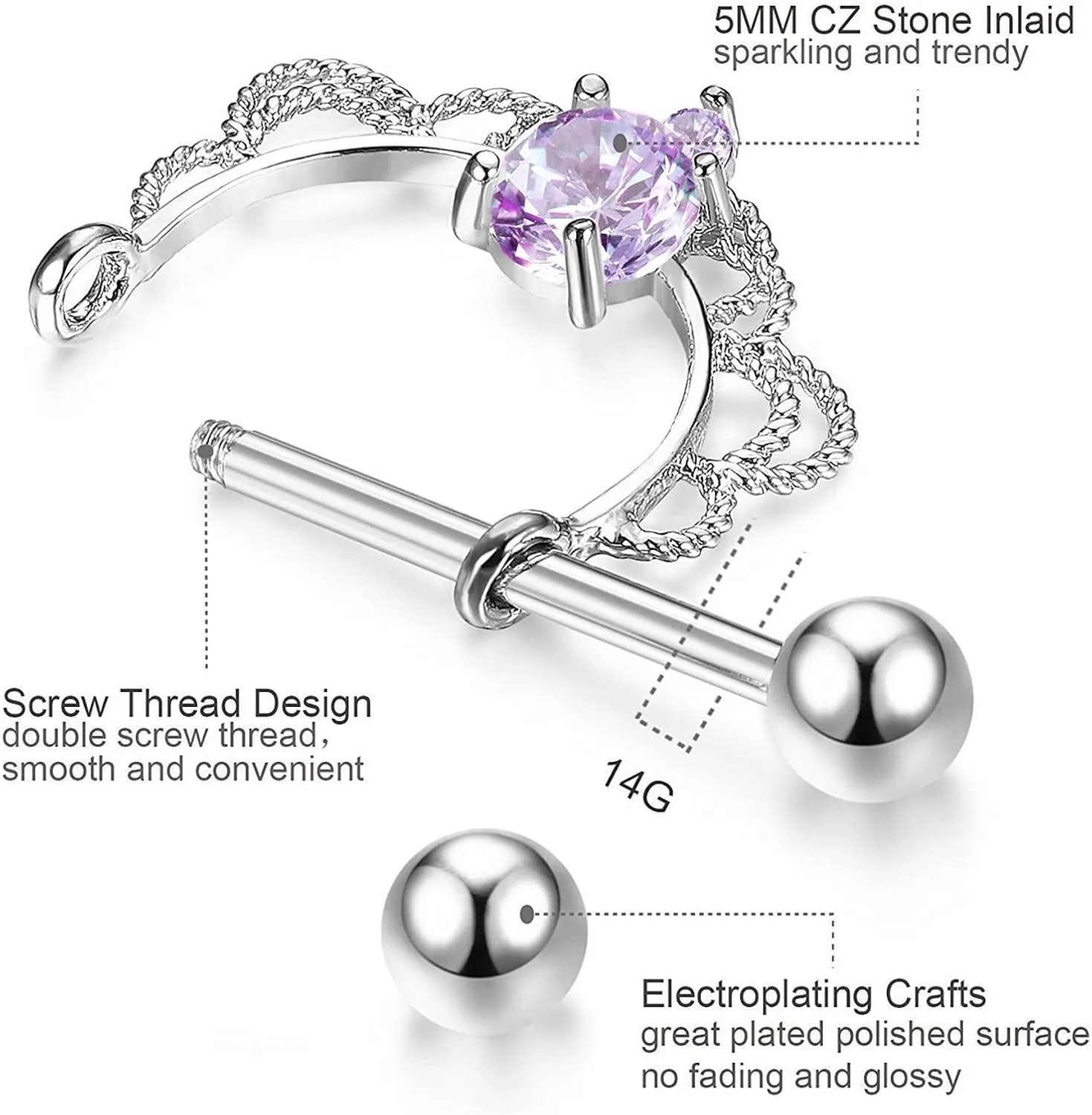 14G Stainless Steel Nipple Rings CZ Opal U Flower Straight Barbell Bars Tongue Ring 14mm(9/16Inch) Body Piercing Jewelry