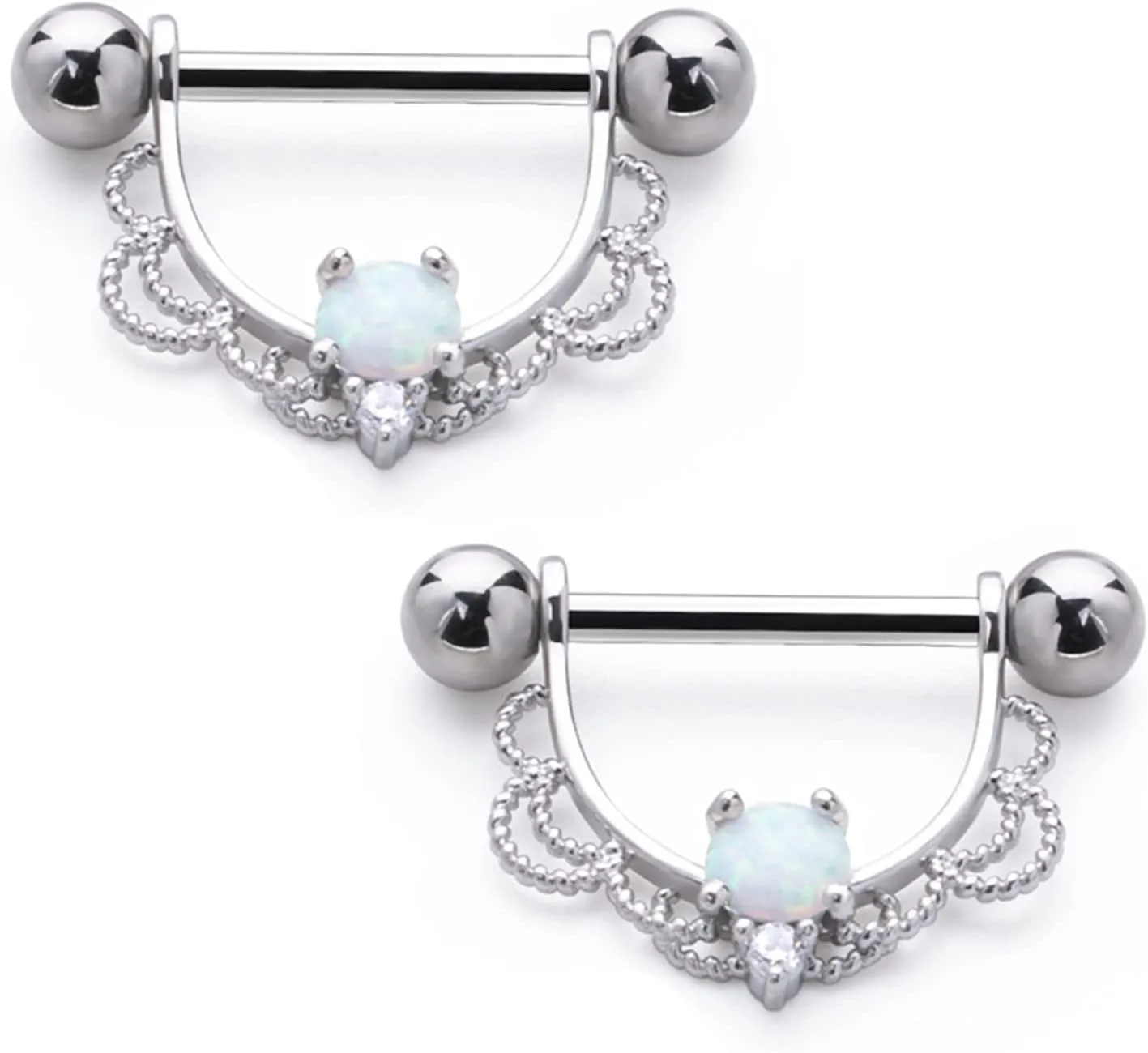 14G Stainless Steel Nipple Rings CZ Opal U Flower Straight Barbell Bars Tongue Ring 14mm(9/16Inch) Body Piercing Jewelry