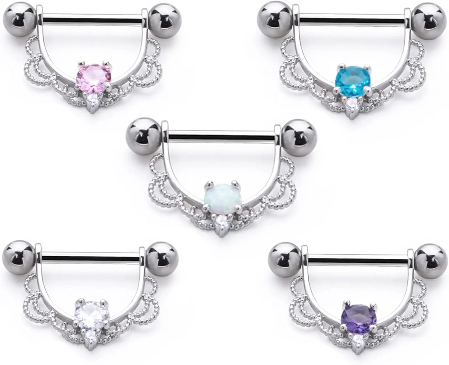 14G Stainless Steel Nipple Rings CZ Opal U Flower Straight Barbell Bars Tongue Ring 14mm(9/16Inch) Body Piercing Jewelry