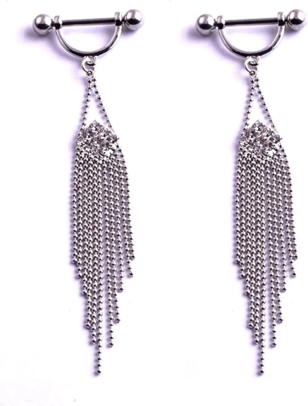 14G Stainless Steel Nipple Rings CZ Silver Tassels Straight Barbell Bars Tongue Ring 14mm(9/16Inch) Body Piercing Jewelry