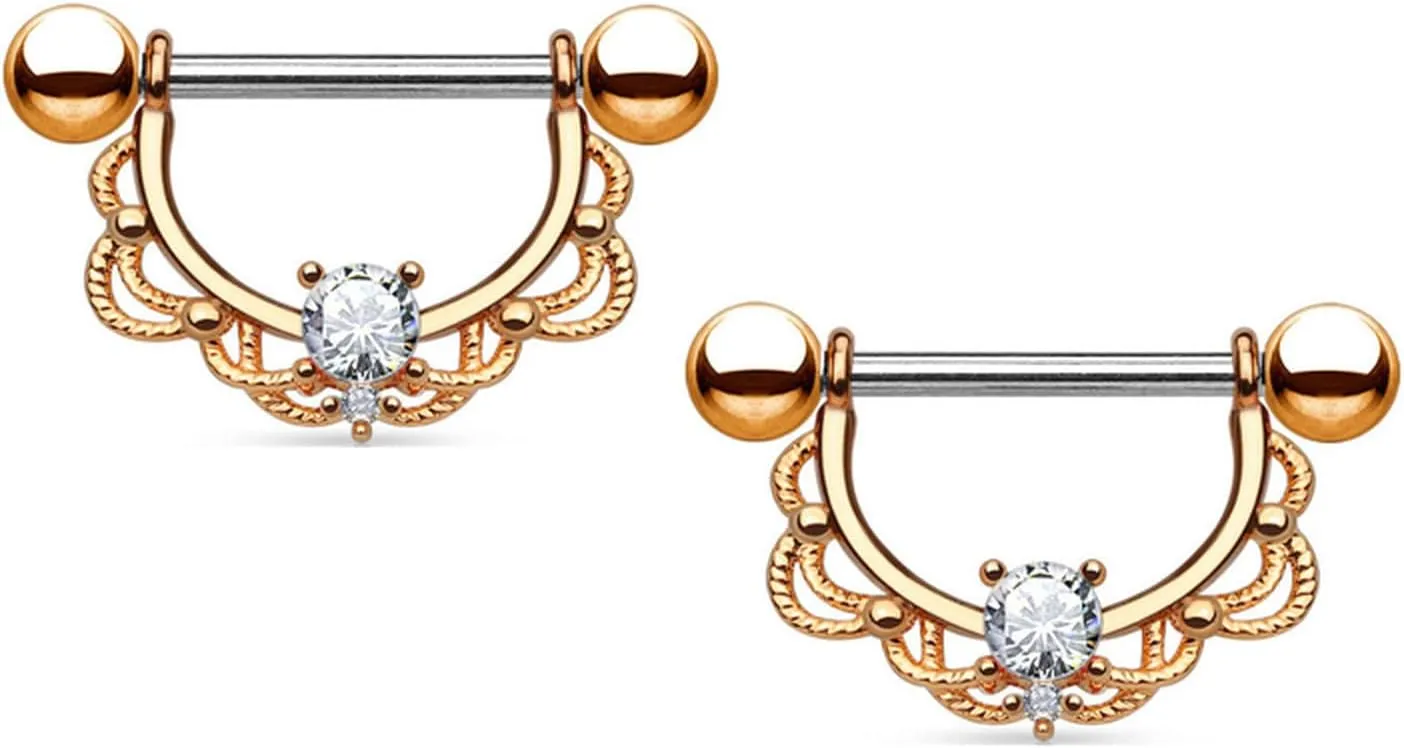 14G Stainless Steel Nipple Rings CZ U-Shape Flower Straight Barbell Bars Tongue Ring 16mm(5/8Inch) Body Piercing Jewelry