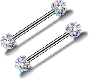 14G Stainless Steel Nipple Rings Glitter Ball CZ Straight Barbell Bars Tongue Ring 14mm(9/16Inch) Body Piercing Jewelry