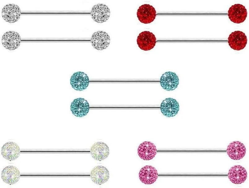 14G Stainless Steel Nipple Rings Glitter CZ Balls Straight Barbell Bars Body Piercing Jewelry